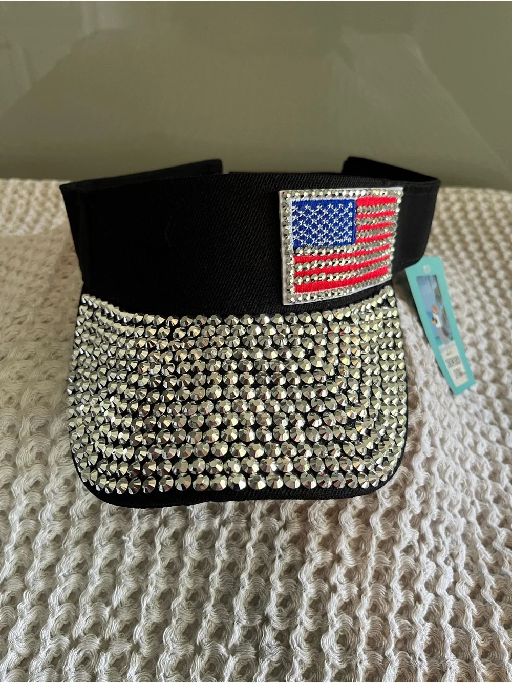 Snowbird living Black Crystal Visor with American Flag Patch 483
